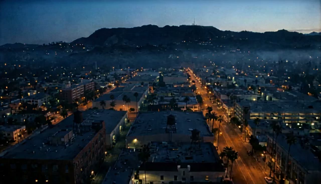 Pre-dawn aerial over Hollywood's studio district