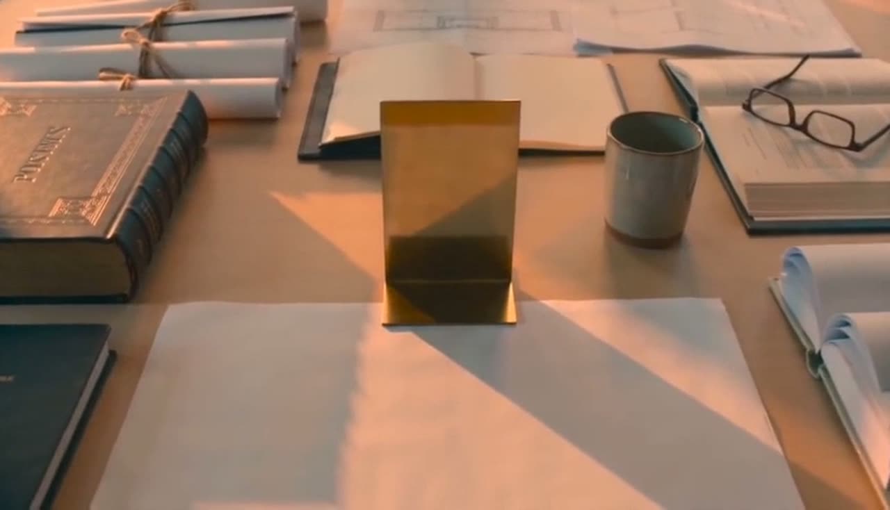 The team table — plans, brief, and the brass plate